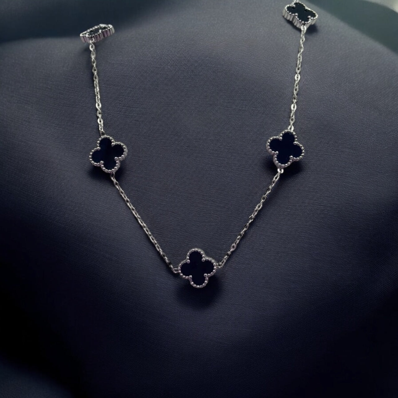 Siyah Yoncalı Gümüş VanCleef 5’li Kolye